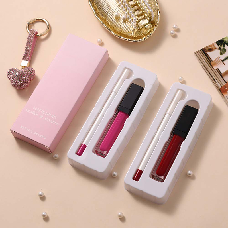 Set Lip Gloss Lipstik Cecair Matte Kalis Air Set Lip Liner Pensil 2 dalam 1 Kit Lip Gloss